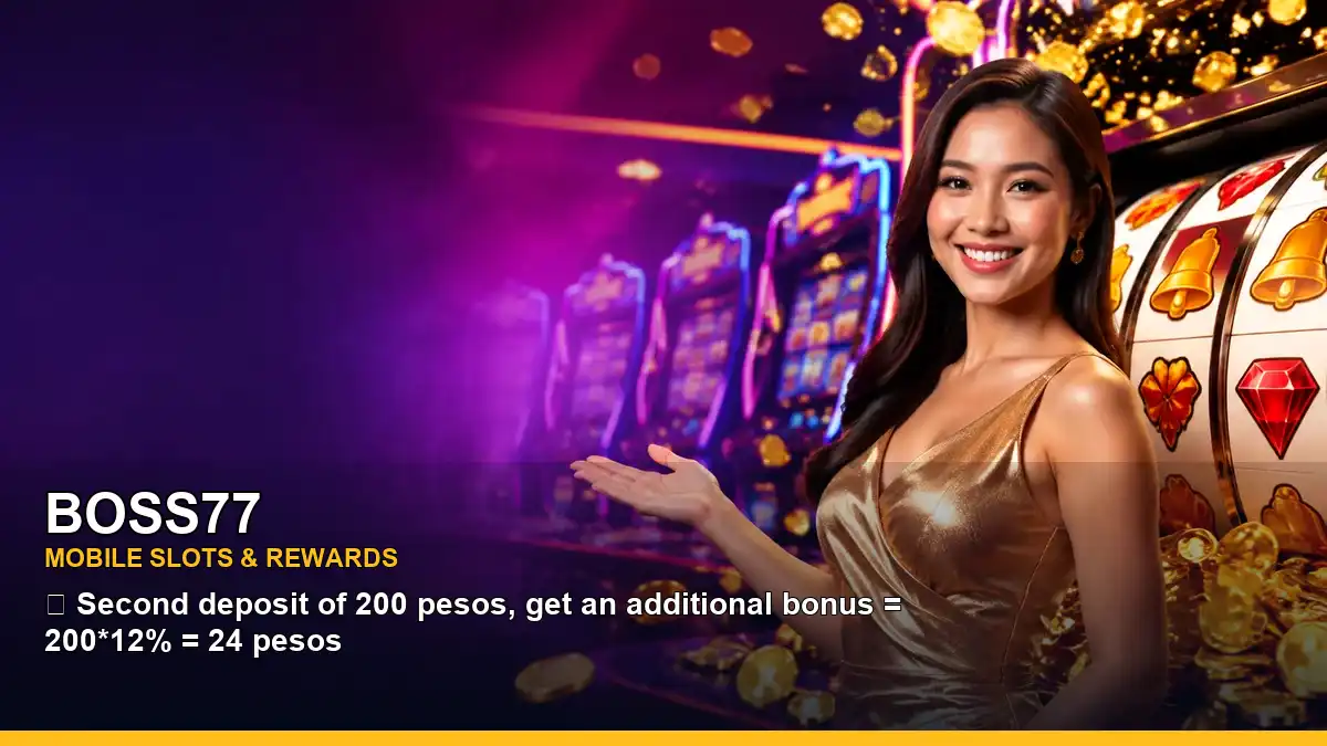 BOSS77 jackpot slot games featuring an adult Filipina casino host with a celebratory composition