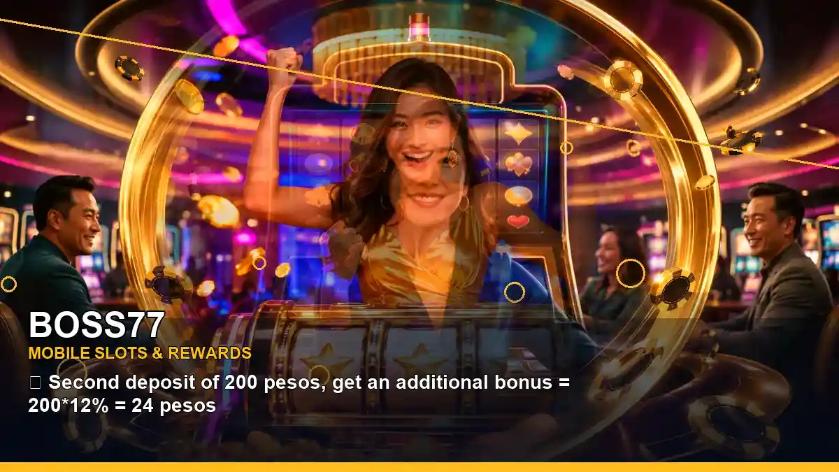 BOSS77 gold jackpot slot games featuring an adult Filipina casino host with a centered composition