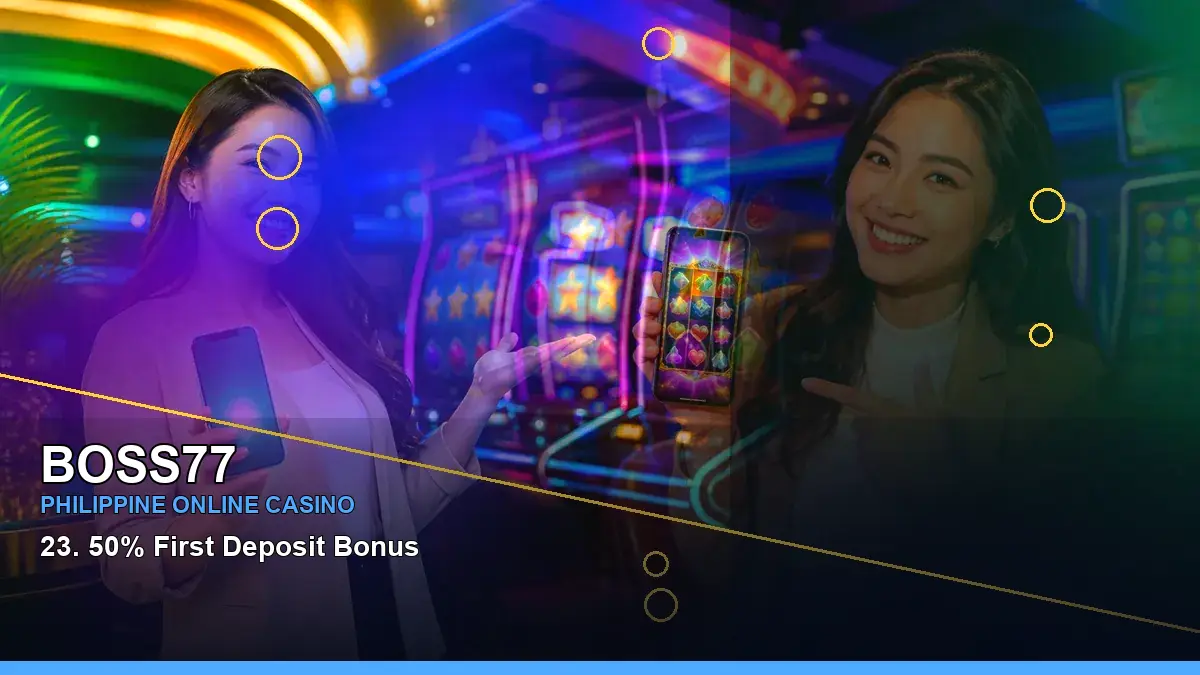 BOSS77 Philippines casino guide with left close-up lucky reels online slot games and an adult Filipina casino host