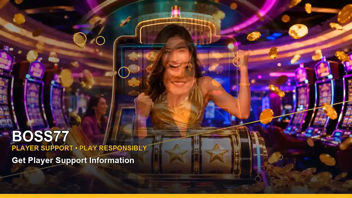 BOSS77 lounge VIP casino rewards featuring an adult Filipina casino host with a right close-up composition