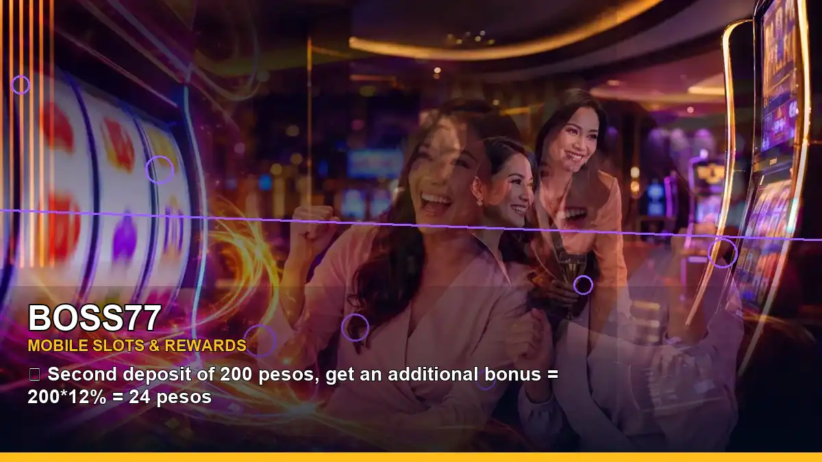 BOSS77 fantasy online slot games featuring an adult Filipina casino host with a panoramic reel composition